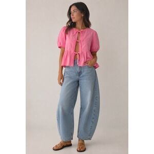 large Pink Babydoll top front Tie Puff Sleeve Peplum cottage preppy cotton